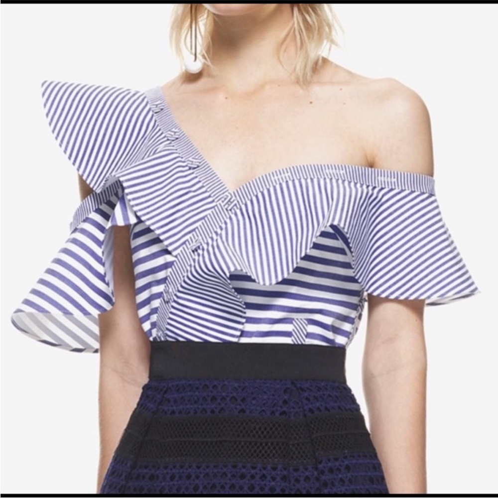 💙Self-Portrait One Shoulder Striped Ruffle Cotton Top 🤍
